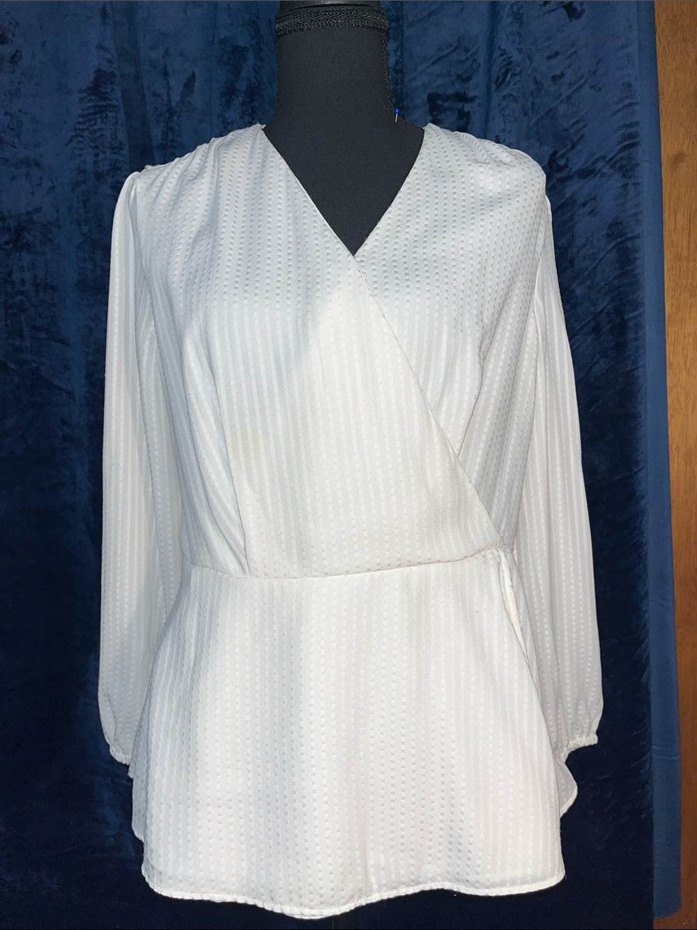 Textured White Wrap-Front Blouse with Peplum Waist
